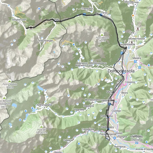 Map miniature of "Discovering Varzo Route" cycling inspiration in Piemonte, Italy. Generated by Tarmacs.app cycling route planner