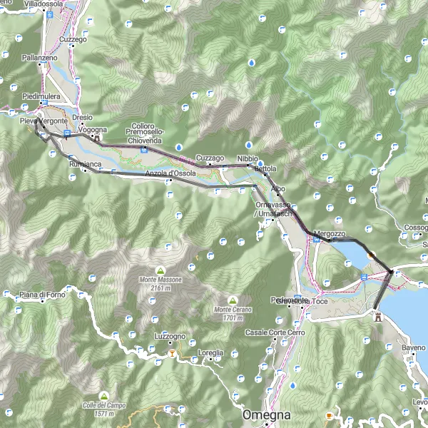 Map miniature of "The Beauty of Piedimulera and Mergozzo" cycling inspiration in Piemonte, Italy. Generated by Tarmacs.app cycling route planner