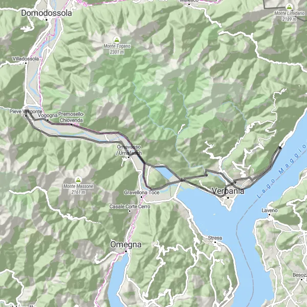Mapa miniatúra "Jazda po cestách okolo Verbania" cyklistická inšpirácia v Piemonte, Italy. Vygenerované cyklistickým plánovačom trás Tarmacs.app