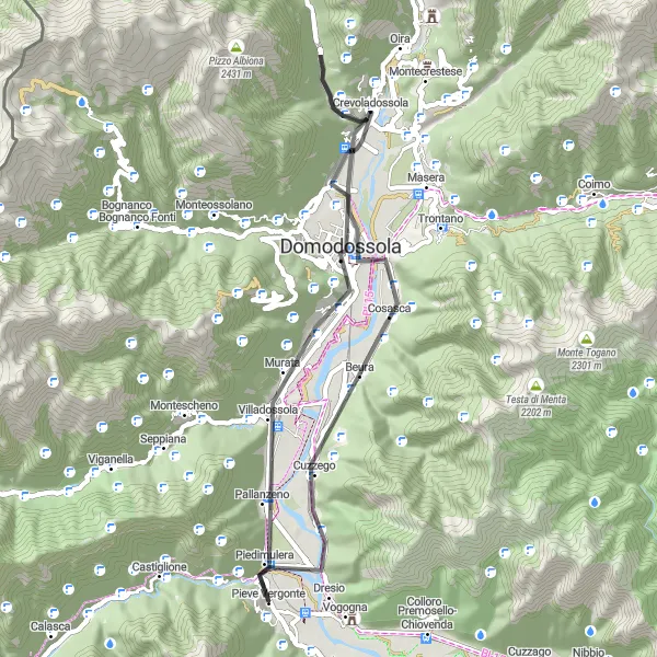 Miniatua del mapa de inspiración ciclista "Ruta de Ciclismo por Carretera Cerca de Pieve Vergonte" en Piemonte, Italy. Generado por Tarmacs.app planificador de rutas ciclistas