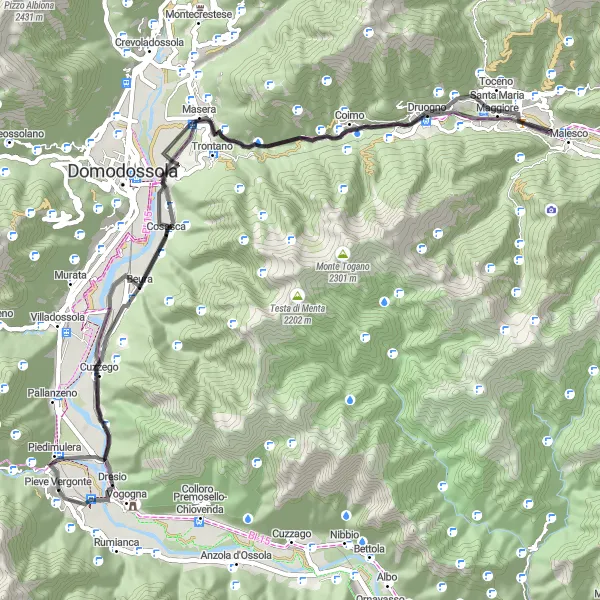 Map miniature of "Vogogna - Creggio - Melezzo - Malesco - Masera - Piedimulera Loop" cycling inspiration in Piemonte, Italy. Generated by Tarmacs.app cycling route planner