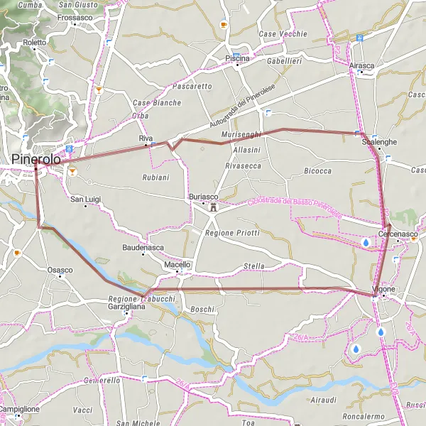 Miniaturní mapa "Gravel route through Scalenghe, Garzigliana, and Pinerolo" inspirace pro cyklisty v oblasti Piemonte, Italy. Vytvořeno pomocí plánovače tras Tarmacs.app