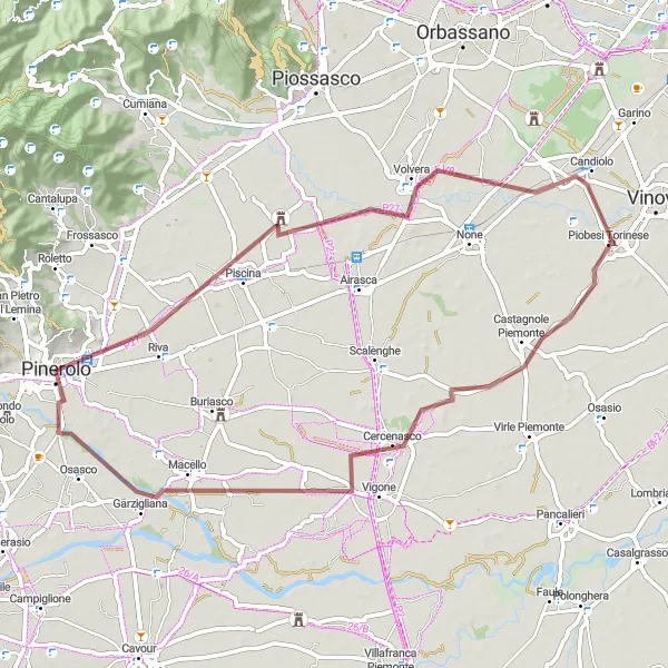 Miniatua del mapa de inspiración ciclista "Ruta de Grava Monte Oliveto-Piscina" en Piemonte, Italy. Generado por Tarmacs.app planificador de rutas ciclistas