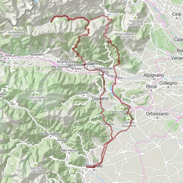 Kartminiatyr av "Utforske Piemonte på grusveier" sykkelinspirasjon i Piemonte, Italy. Generert av Tarmacs.app sykkelrutoplanlegger
