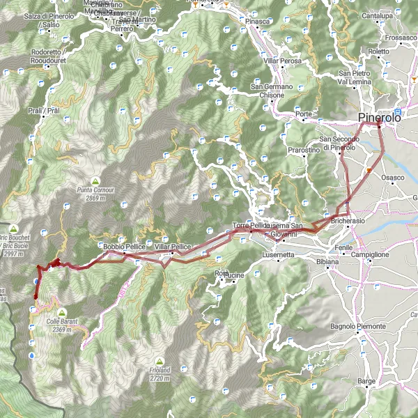 Kartminiatyr av "Grusväg till Luserna San Giovanni" cykelinspiration i Piemonte, Italy. Genererad av Tarmacs.app cykelruttplanerare