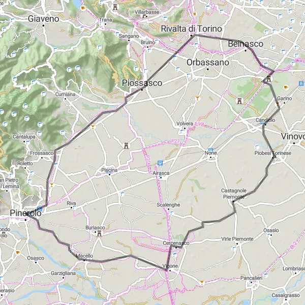 Miniatura della mappa di ispirazione al ciclismo "Giro in bicicletta di 76 km da Pinerolo" nella regione di Piemonte, Italy. Generata da Tarmacs.app, pianificatore di rotte ciclistiche