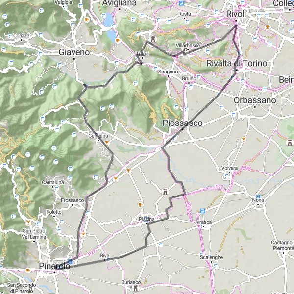 Mapa miniatúra "Kolo okolo Monte Oliveto a Piscina" cyklistická inšpirácia v Piemonte, Italy. Vygenerované cyklistickým plánovačom trás Tarmacs.app