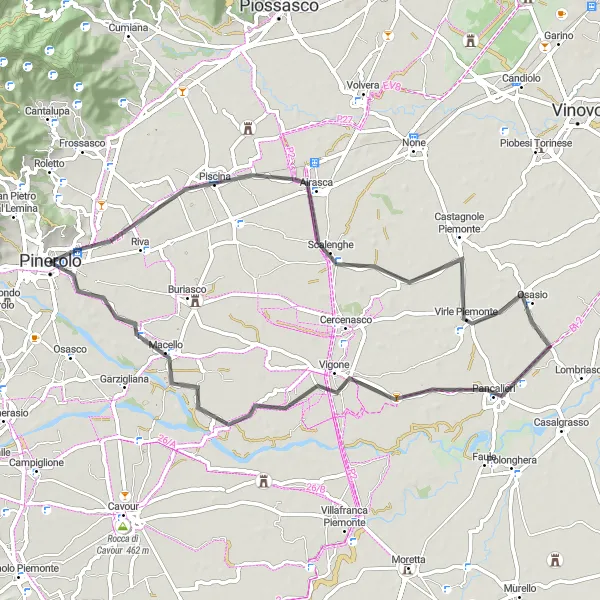 Mapa miniatúra "Cyklistika v okolí Pinerola" cyklistická inšpirácia v Piemonte, Italy. Vygenerované cyklistickým plánovačom trás Tarmacs.app