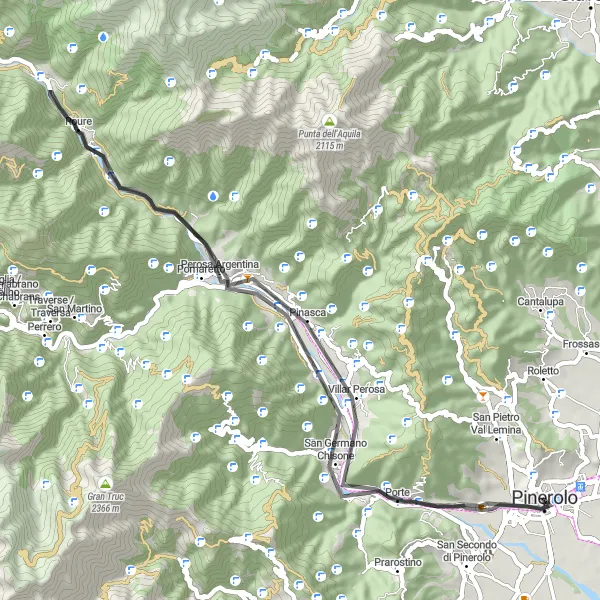 Zemljevid v pomanjšavi "Cycling around Pinerolo with scenic highlights" kolesarske inspiracije v Piemonte, Italy. Generirano z načrtovalcem kolesarskih poti Tarmacs.app