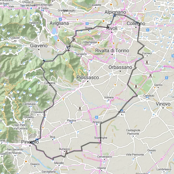 Miniaturekort af cykelinspirationen "Panoramisk Road Cycling fra Pinerolo" i Piemonte, Italy. Genereret af Tarmacs.app cykelruteplanlægger