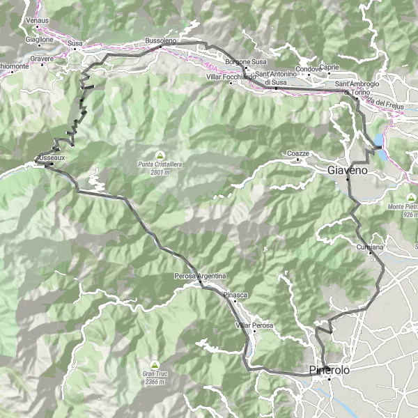 Zemljevid v pomanjšavi "Cestno kolesarjenje v okolici Pinerola" kolesarske inspiracije v Piemonte, Italy. Generirano z načrtovalcem kolesarskih poti Tarmacs.app