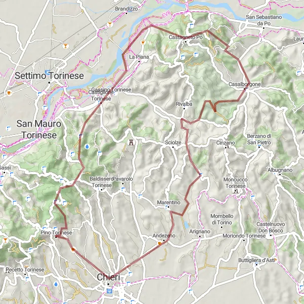 Miniatua del mapa de inspiración ciclista "Explorando los alrededores de Pino Torinese en gravilla" en Piemonte, Italy. Generado por Tarmacs.app planificador de rutas ciclistas