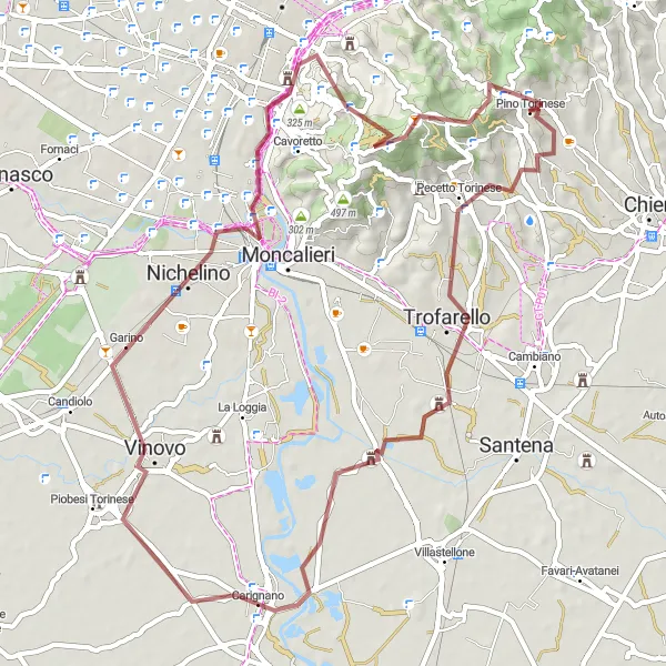 Miniatua del mapa de inspiración ciclista "Ruta de gravilla desde Pino Torinese" en Piemonte, Italy. Generado por Tarmacs.app planificador de rutas ciclistas