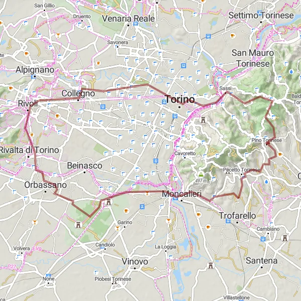 Mapa miniatúra "Gravel Tour de Torinese" cyklistická inšpirácia v Piemonte, Italy. Vygenerované cyklistickým plánovačom trás Tarmacs.app
