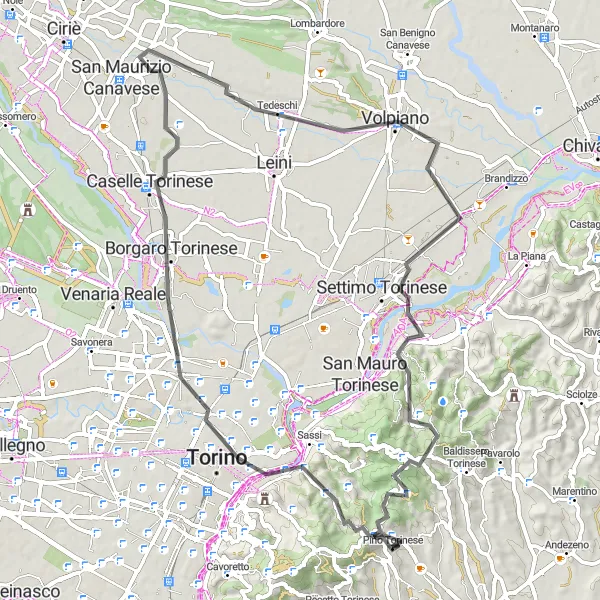 Map miniature of "Scenic Road Cycling Loop: Pino Torinese - Settimo Torinese - Valle Miglioretti" cycling inspiration in Piemonte, Italy. Generated by Tarmacs.app cycling route planner