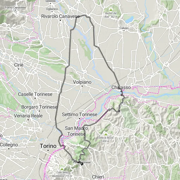 Miniatua del mapa de inspiración ciclista "Circuito en carretera cerca de Pino Torinese" en Piemonte, Italy. Generado por Tarmacs.app planificador de rutas ciclistas