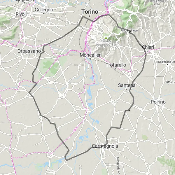Karten-Miniaturansicht der Radinspiration "Rund um Pino Torinese und Turin" in Piemonte, Italy. Erstellt vom Tarmacs.app-Routenplaner für Radtouren