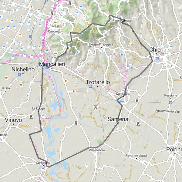 Mapa miniatúra "Cyklochodník cez Santena a Monte Calvo" cyklistická inšpirácia v Piemonte, Italy. Vygenerované cyklistickým plánovačom trás Tarmacs.app