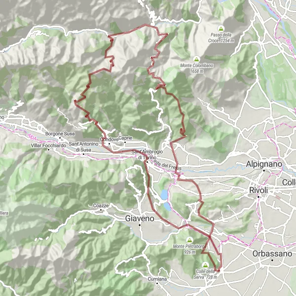 Map miniature of "Gravel Adventure from Piossasco to Monte San Giorgio" cycling inspiration in Piemonte, Italy. Generated by Tarmacs.app cycling route planner