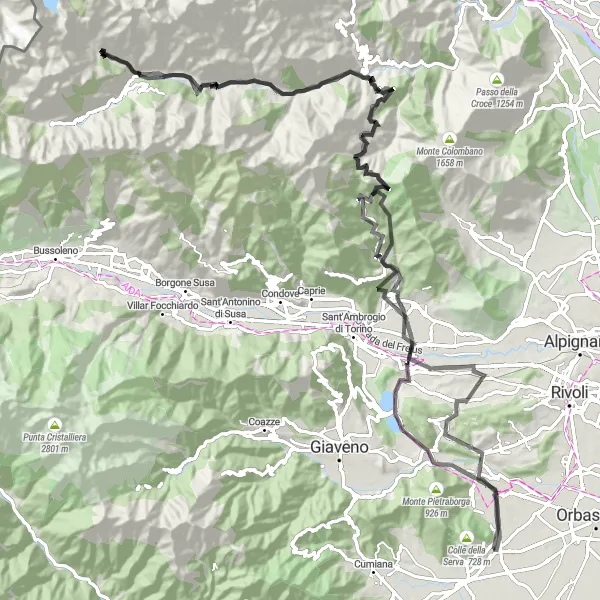 Miniature de la carte de l'inspiration cycliste "Défi montagneux : de Reano à Sangano" dans la Piemonte, Italy. Générée par le planificateur d'itinéraire cycliste Tarmacs.app