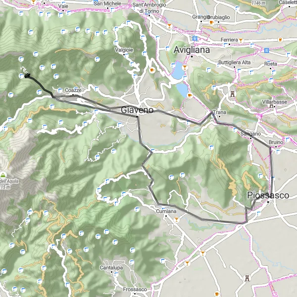Map miniature of "Countryside Road Ride from Piossasco to Sangano" cycling inspiration in Piemonte, Italy. Generated by Tarmacs.app cycling route planner
