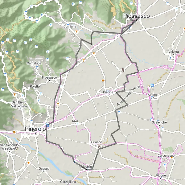Mapa miniatúra "Trasa cez Buriasco, Monte Oliveto a Tetti San Martino" cyklistická inšpirácia v Piemonte, Italy. Vygenerované cyklistickým plánovačom trás Tarmacs.app