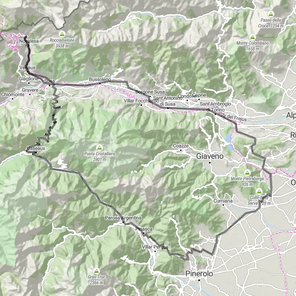 Zemljevid v pomanjšavi "Piossasco - Monte San Giorgio - San Pietro in Vincoli - Perosa Argentina - Roure - Colle delle Finestre - Monte Fassolino - Venaus - Novalesa - Bussoleno - Borgone Susa - Monte Pirchiriano - Sangano" kolesarske inspiracije v Piemonte, Italy. Generirano z načrtovalcem kolesarskih poti Tarmacs.app