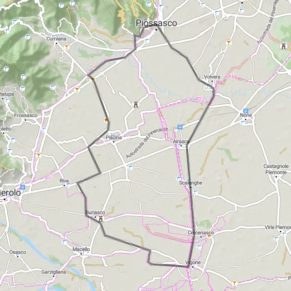 Miniaturekort af cykelinspirationen "Road cycling through Volvera" i Piemonte, Italy. Genereret af Tarmacs.app cykelruteplanlægger