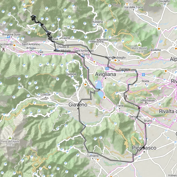 Map miniature of "Hill Ride to Monte San Giorgio from Piossasco" cycling inspiration in Piemonte, Italy. Generated by Tarmacs.app cycling route planner