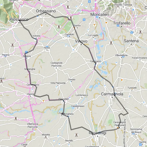 Zemljevid v pomanjšavi "Raznolika pot okoli Piossasca" kolesarske inspiracije v Piemonte, Italy. Generirano z načrtovalcem kolesarskih poti Tarmacs.app
