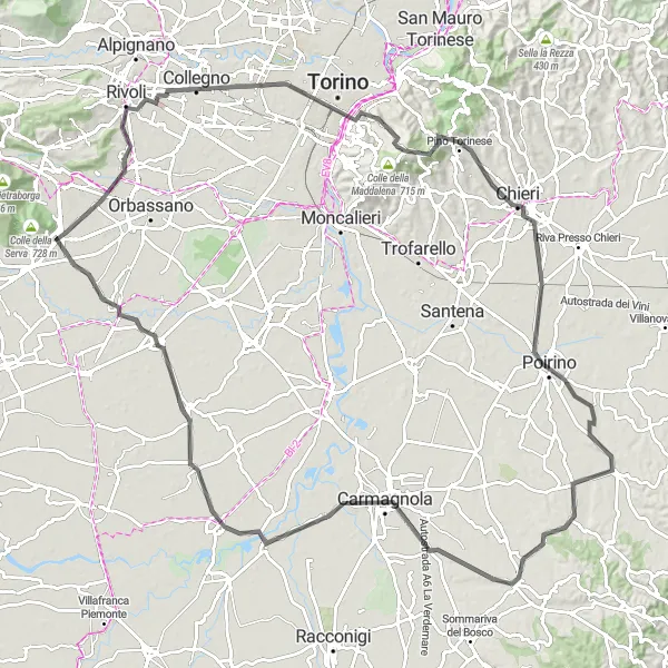 Map miniature of "The Rivoli Route" cycling inspiration in Piemonte, Italy. Generated by Tarmacs.app cycling route planner