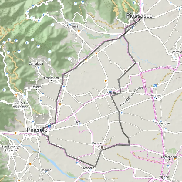 Miniature de la carte de l'inspiration cycliste "Boucle de Vélo de Route depuis Piossasco" dans la Piemonte, Italy. Générée par le planificateur d'itinéraire cycliste Tarmacs.app