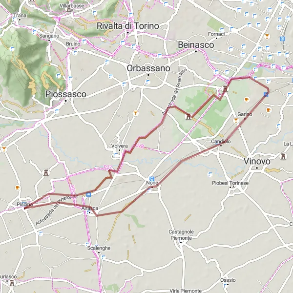 Map miniature of "Piscina - Volvera - Nichelino - Airasca" cycling inspiration in Piemonte, Italy. Generated by Tarmacs.app cycling route planner