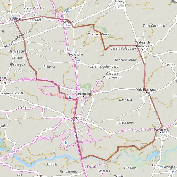 Map miniature of "Airasca Gravel Adventure" cycling inspiration in Piemonte, Italy. Generated by Tarmacs.app cycling route planner