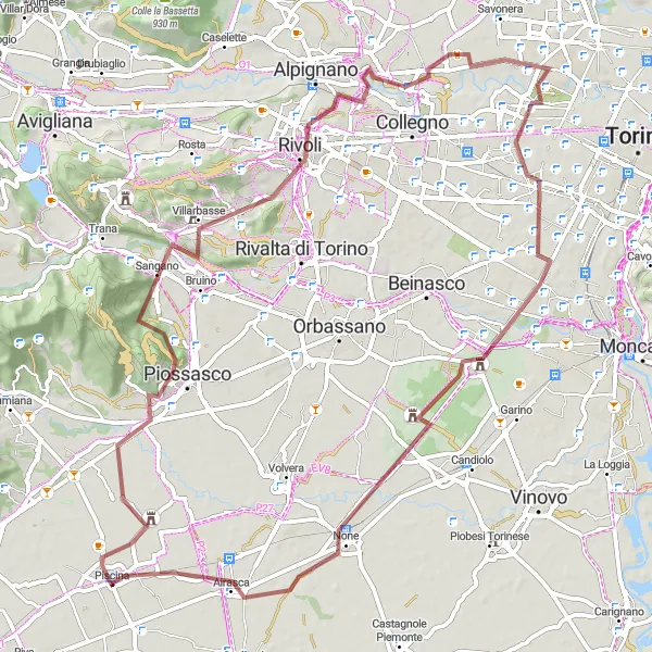 Mapa miniatúra "Gravel route from Piscina" cyklistická inšpirácia v Piemonte, Italy. Vygenerované cyklistickým plánovačom trás Tarmacs.app