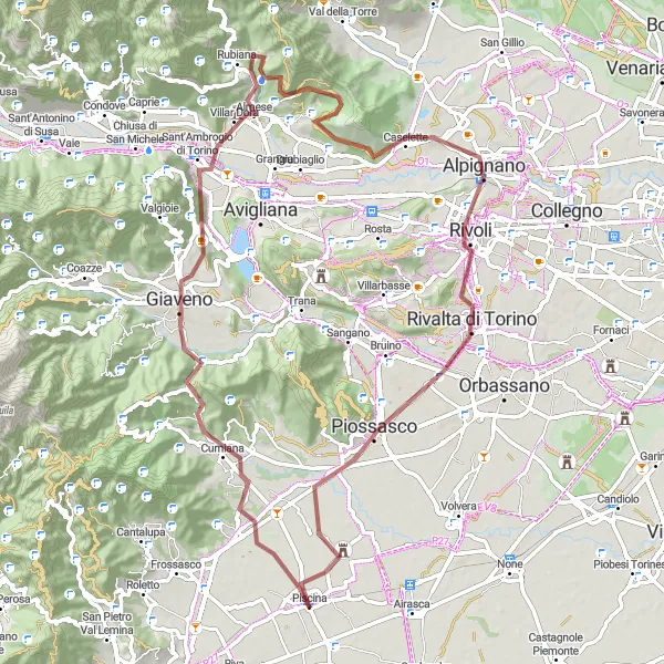 Map miniature of "Cumiana Gravel Adventure" cycling inspiration in Piemonte, Italy. Generated by Tarmacs.app cycling route planner