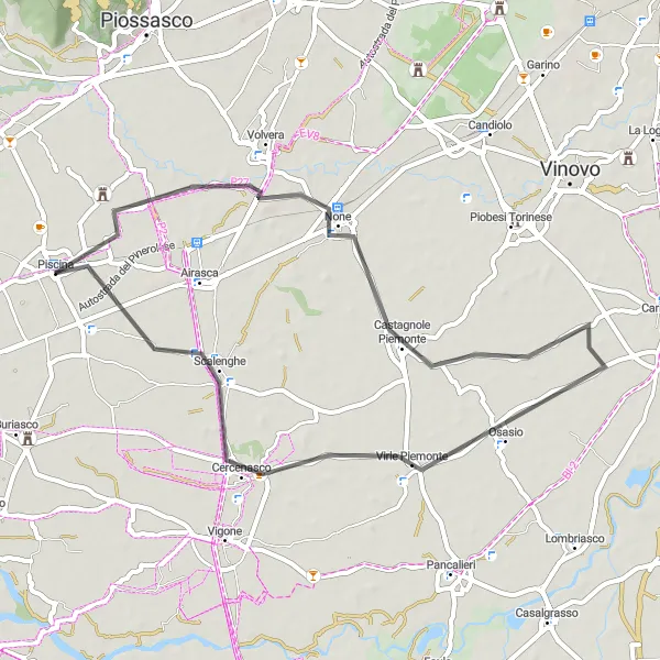 Miniatura della mappa di ispirazione al ciclismo "Giro in bicicletta da Piscina a Osasio" nella regione di Piemonte, Italy. Generata da Tarmacs.app, pianificatore di rotte ciclistiche