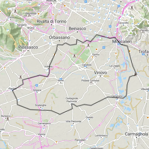 Miniatua del mapa de inspiración ciclista "Recorrido en carretera desde Piscina a Carignano" en Piemonte, Italy. Generado por Tarmacs.app planificador de rutas ciclistas