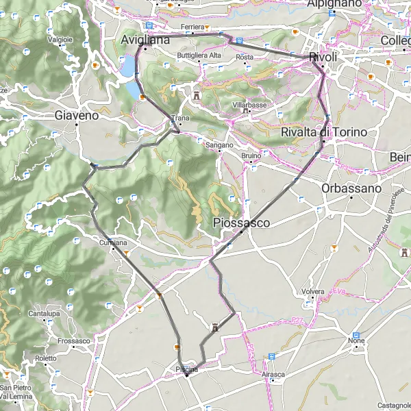 Mapa miniatúra "Cyklotúra cez Colletta di Cumiana a Piossasco" cyklistická inšpirácia v Piemonte, Italy. Vygenerované cyklistickým plánovačom trás Tarmacs.app
