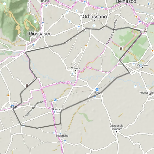 Miniature de la carte de l'inspiration cycliste "Piscina - Tetti Scaglia - Stupinigi - Airasca" dans la Piemonte, Italy. Générée par le planificateur d'itinéraire cycliste Tarmacs.app
