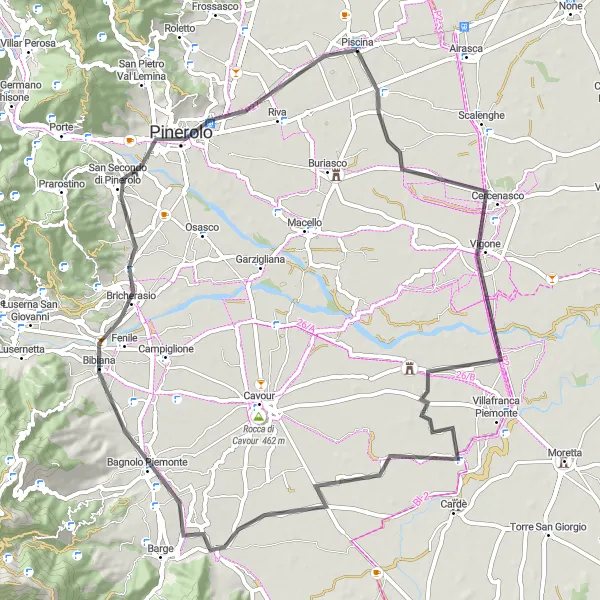 Miniatua del mapa de inspiración ciclista "Ruta de ciclismo en carretera desde Piscina" en Piemonte, Italy. Generado por Tarmacs.app planificador de rutas ciclistas