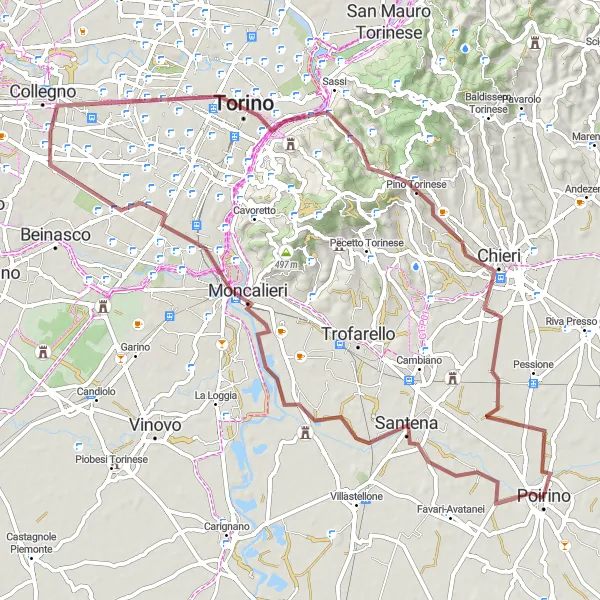 Zemljevid v pomanjšavi "Istražite ljepote Torina na off-road biciklističkoj ruti" kolesarske inspiracije v Piemonte, Italy. Generirano z načrtovalcem kolesarskih poti Tarmacs.app