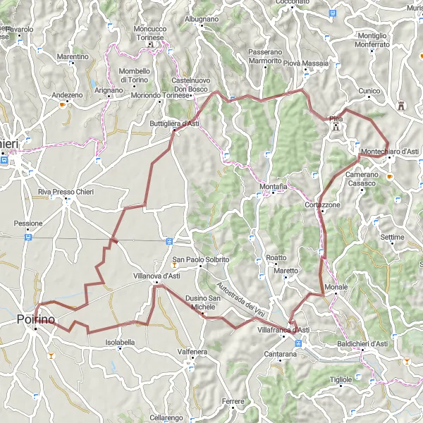 Kartminiatyr av "Poirino - Buttigliera d'Asti - Cerreto d'Asti - Villanova d'Asti" sykkelinspirasjon i Piemonte, Italy. Generert av Tarmacs.app sykkelrutoplanlegger