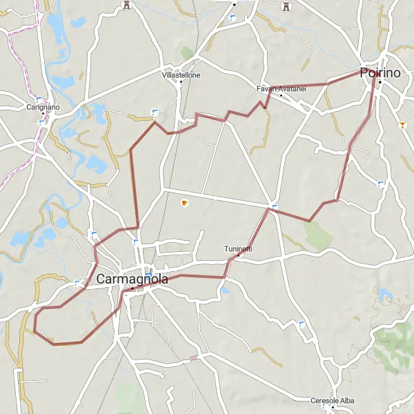 Miniatura della mappa di ispirazione al ciclismo "Rotta ciclabile tra Carmagnola e Poirino" nella regione di Piemonte, Italy. Generata da Tarmacs.app, pianificatore di rotte ciclistiche