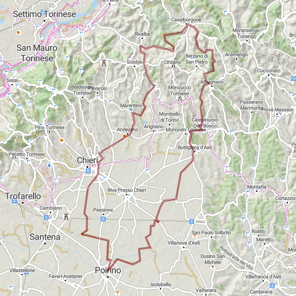 Map miniature of "The Andezeno Gravel Challenge" cycling inspiration in Piemonte, Italy. Generated by Tarmacs.app cycling route planner