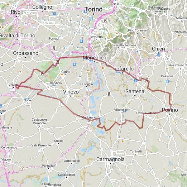Miniature de la carte de l'inspiration cycliste "Boucle en Gravel de Poirino" dans la Piemonte, Italy. Générée par le planificateur d'itinéraire cycliste Tarmacs.app