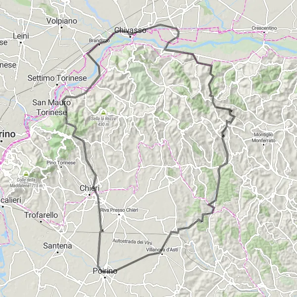 Miniaturní mapa "Výzva kolem Poirino" inspirace pro cyklisty v oblasti Piemonte, Italy. Vytvořeno pomocí plánovače tras Tarmacs.app