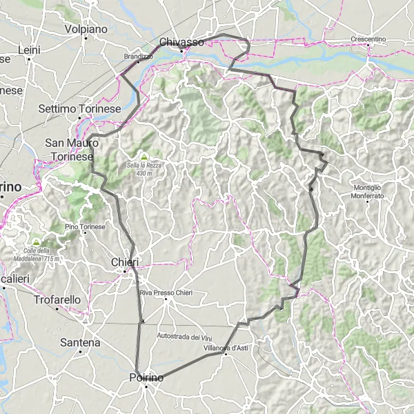 Miniature de la carte de l'inspiration cycliste "Les collines de Piémont" dans la Piemonte, Italy. Générée par le planificateur d'itinéraire cycliste Tarmacs.app