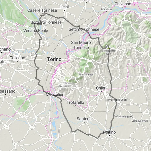 Miniatuurkaart van de fietsinspiratie "Wegtocht van Poirino via Moncalieri naar Pavarolo" in Piemonte, Italy. Gemaakt door de Tarmacs.app fietsrouteplanner