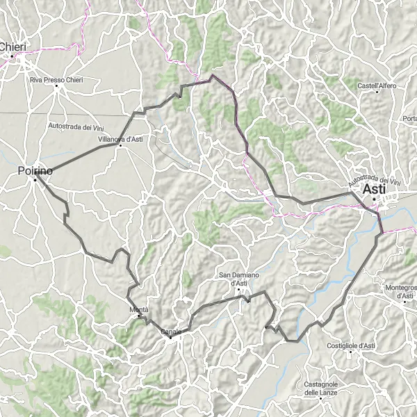 Miniatua del mapa de inspiración ciclista "Ruta de Carretera por Villanova d'Asti, Monale, Isola d'Asti y San Damiano d'Asti" en Piemonte, Italy. Generado por Tarmacs.app planificador de rutas ciclistas